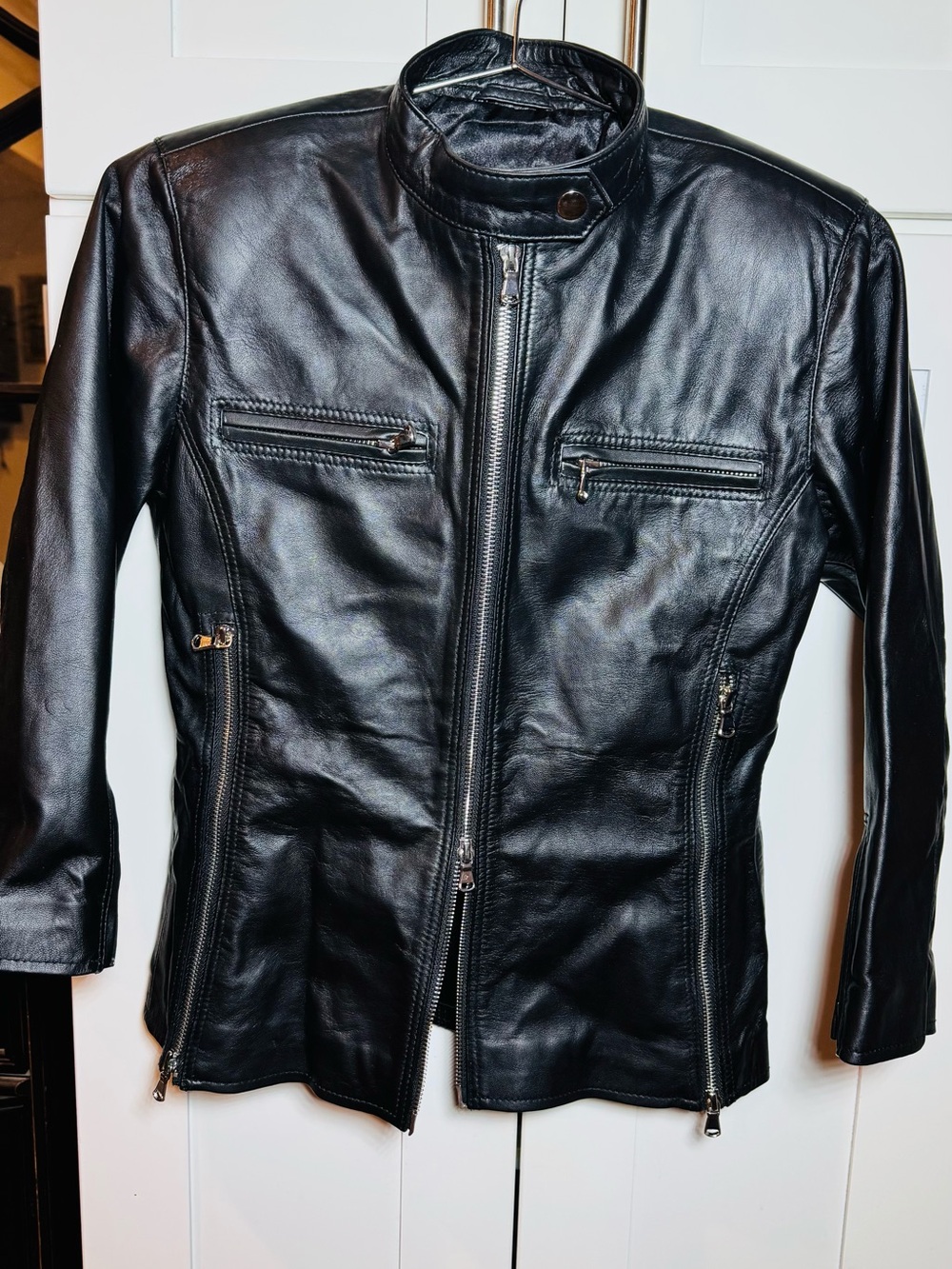 Women's Black Leather Biker Jacket with Snap Stand Collar